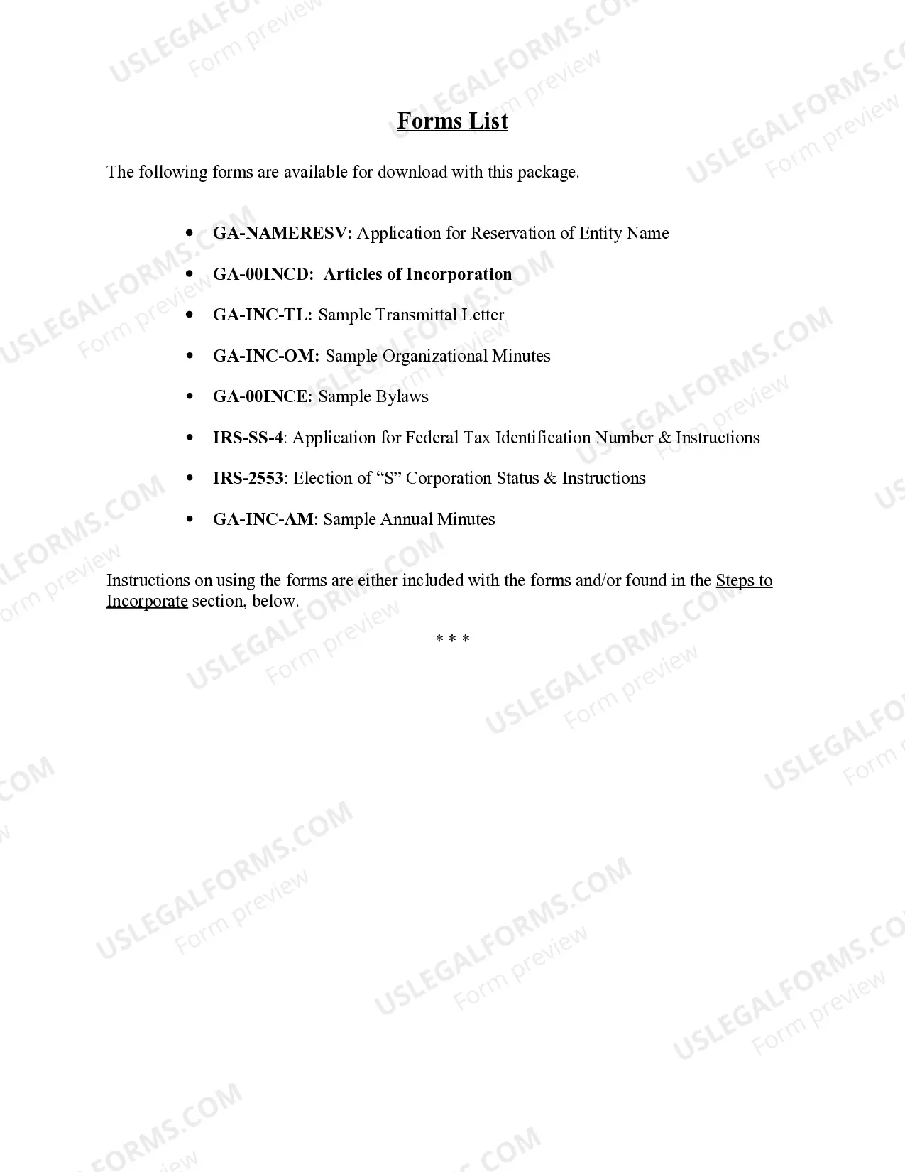 Preview Georgia Business Incorporation Package to Incorporate Corporation