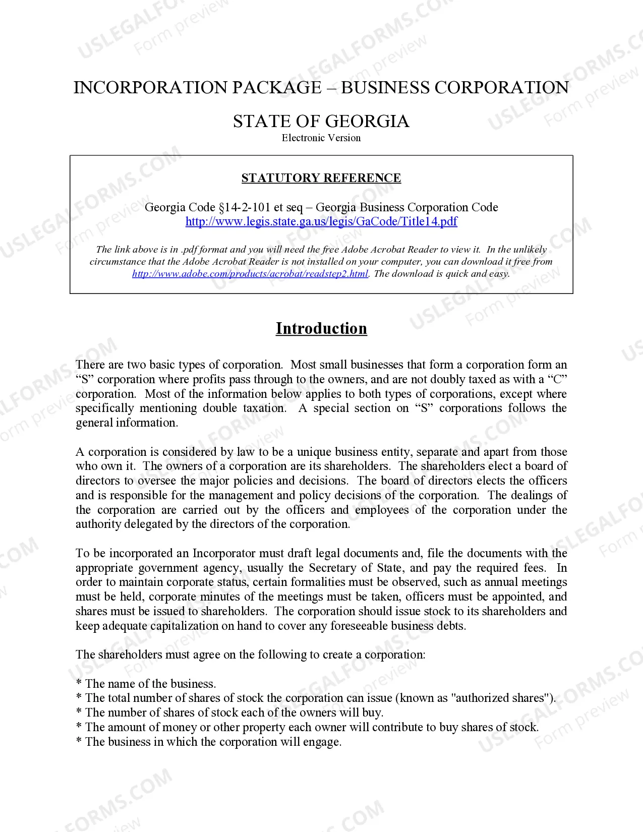 Preview Georgia Business Incorporation Package to Incorporate Corporation