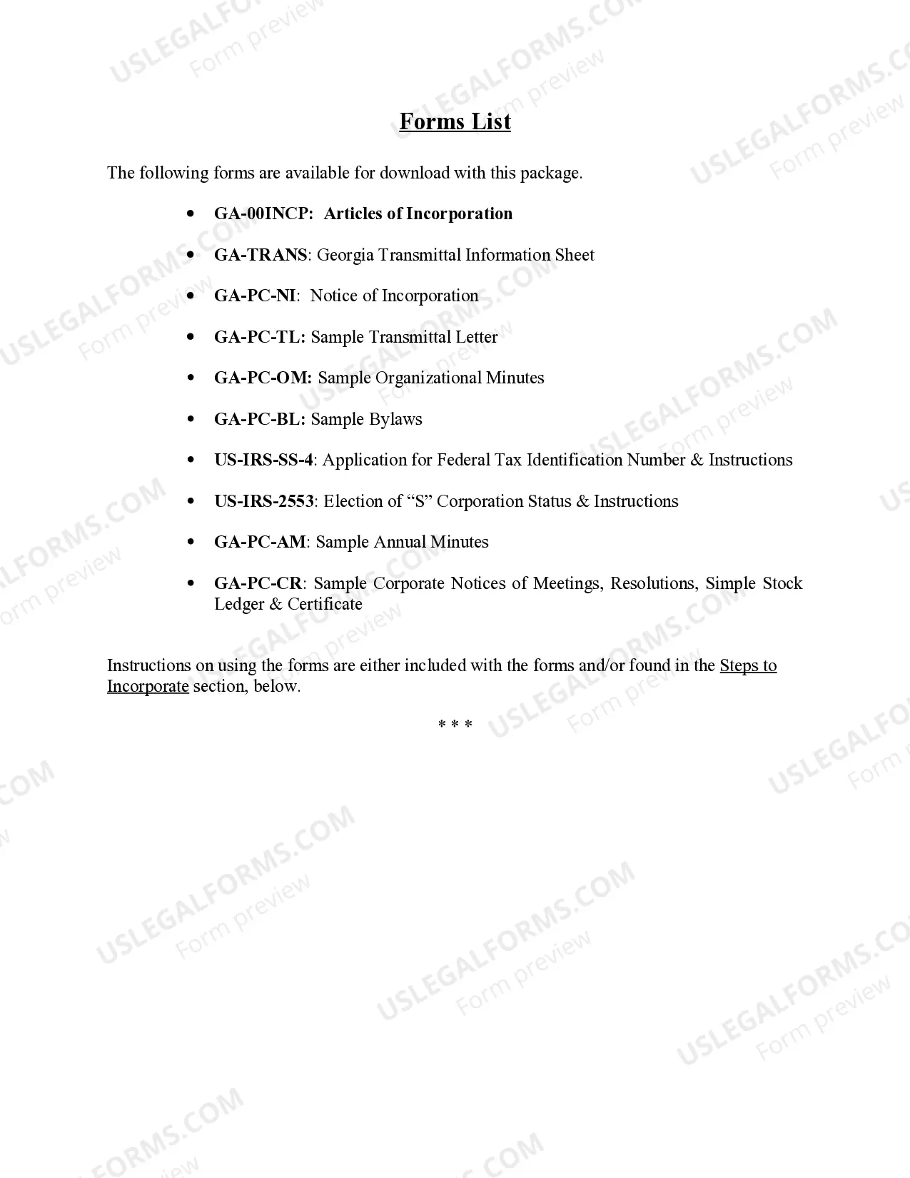 Preview Professional Corporation Package for Georgia