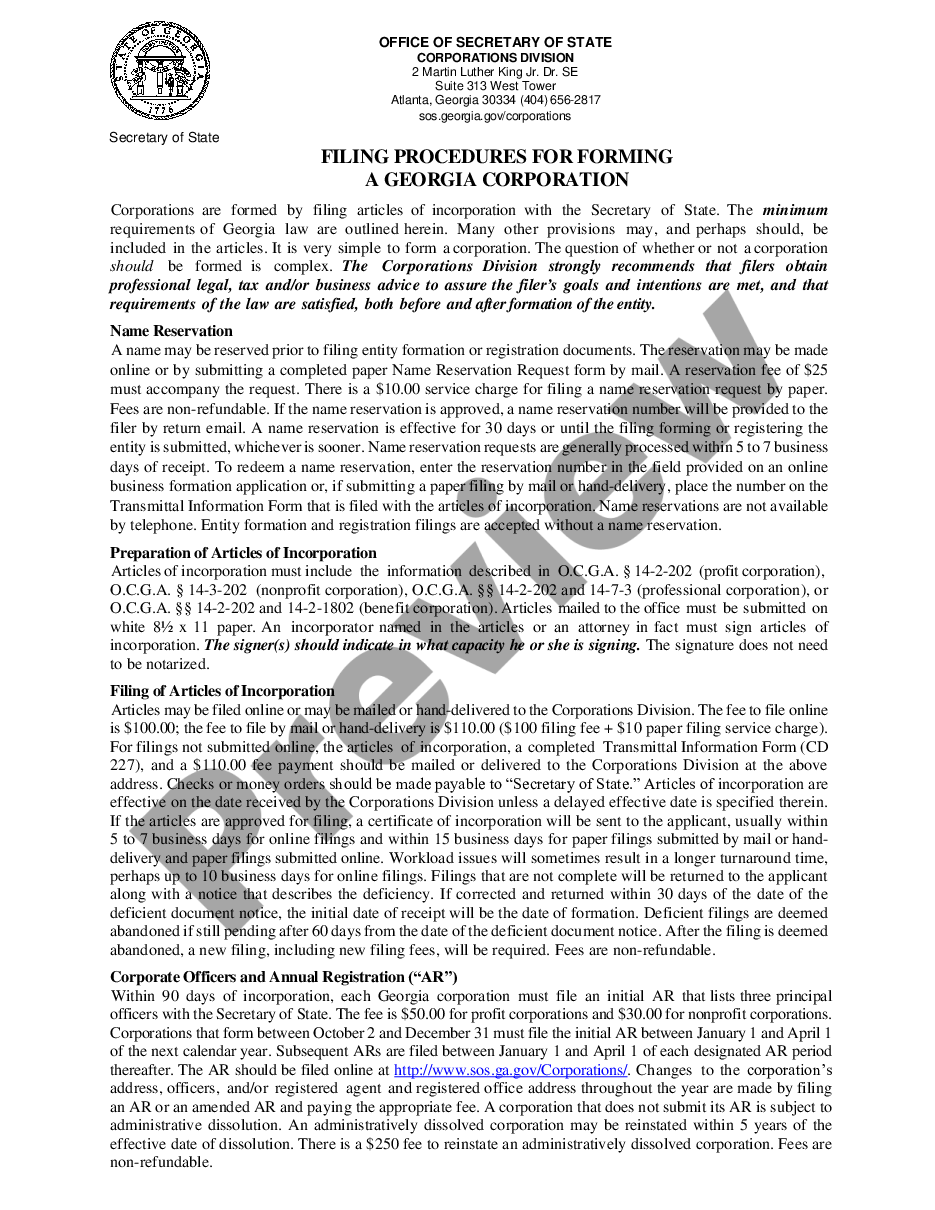 page 2 Georgia Articles of Incorporation for Domestic For-Profit Corporation preview