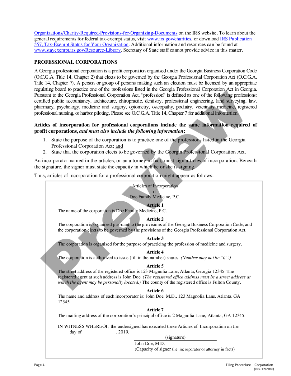 form Georgia Articles of Incorporation for Domestic For-Profit Corporation preview