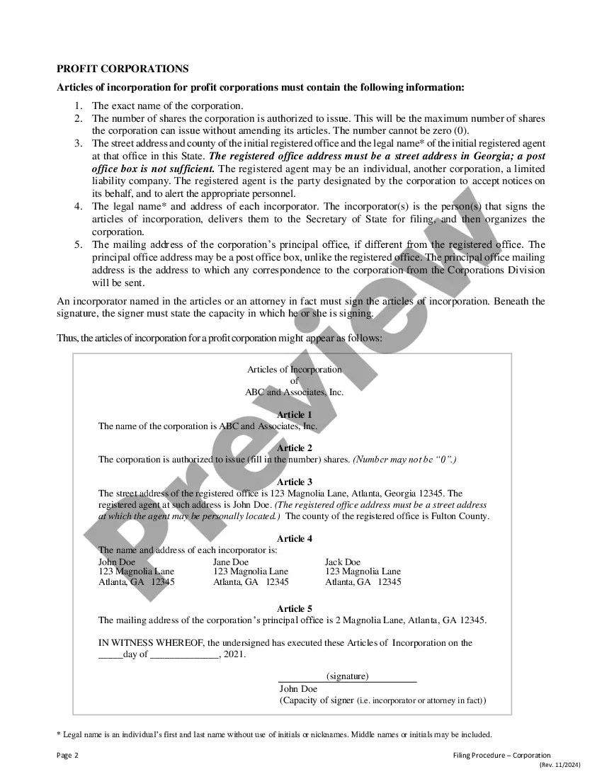 Get Georgia Articles of Incorporation for Domestic For-Profit Corporation Preview Georgia Articles of Incorporation for Domestic For-Profit Corporation