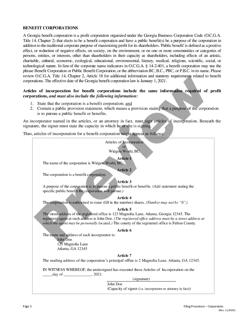 Get Georgia Articles of Incorporation for Domestic For-Profit Corporation Preview Georgia Articles of Incorporation for Domestic For-Profit Corporation