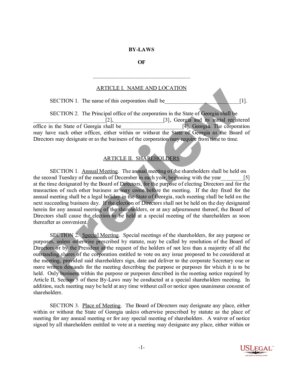 page 1 Georgia Bylaws for Corporation preview