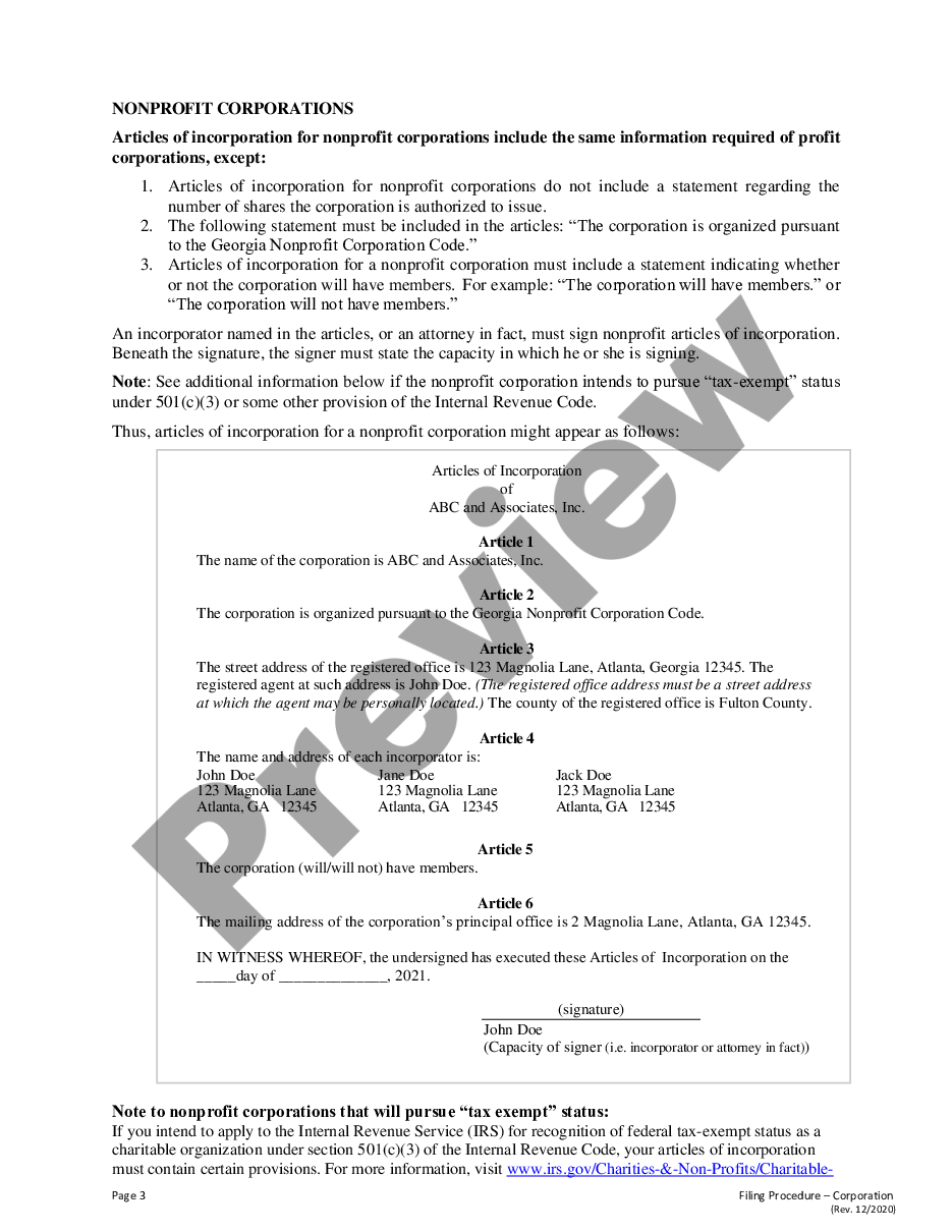 form Certificate - Articles of Incorporation for Domestic Nonprofit Corporation in Georgia preview