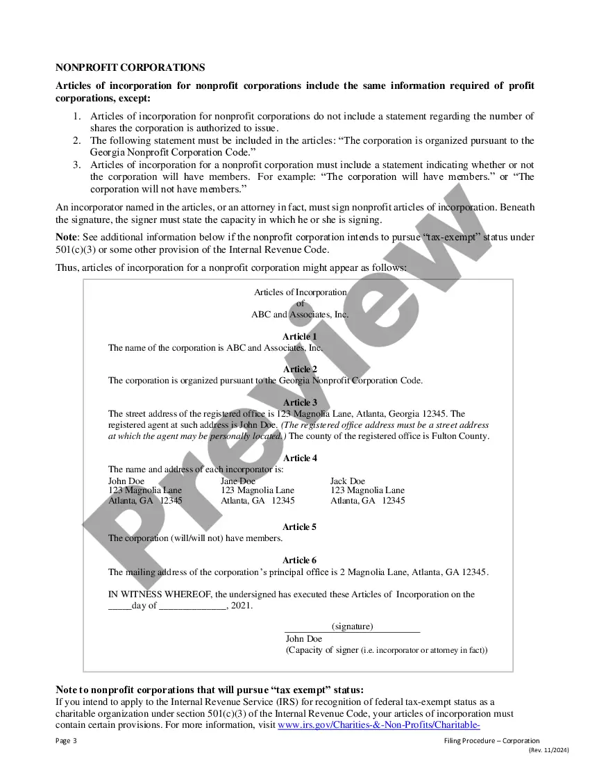 Preview Certificate - Articles of Incorporation for Domestic Nonprofit Corporation in Georgia