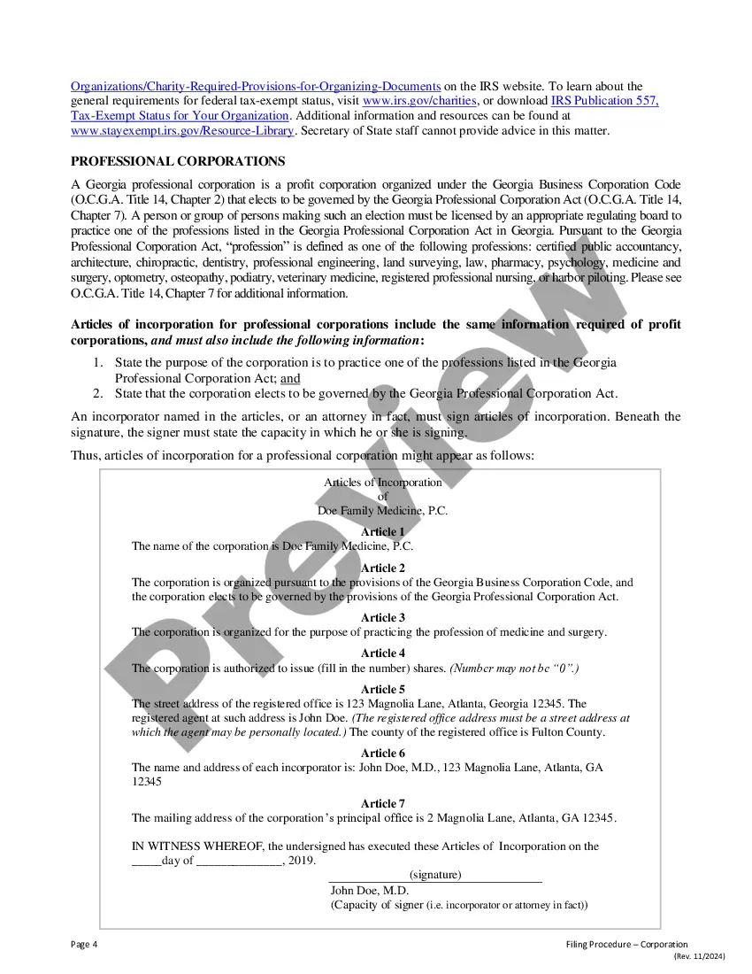 Preview Certificate - Articles of Incorporation for Domestic Nonprofit Corporation in Georgia