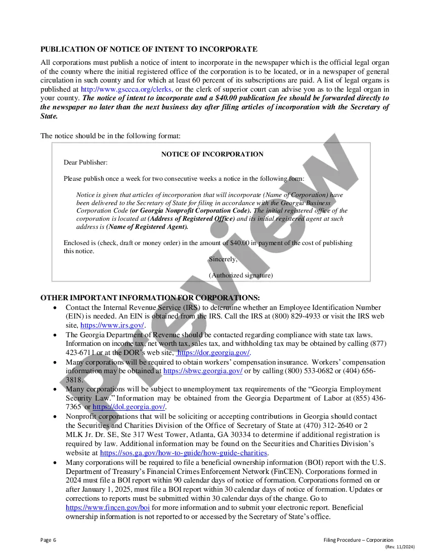 Preview Certificate - Articles of Incorporation for Domestic Nonprofit Corporation in Georgia