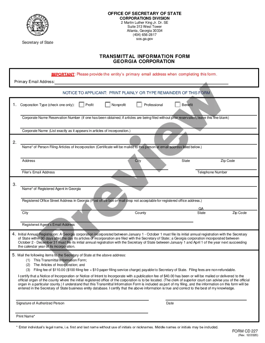 Preview Certificate - Articles of Incorporation for Domestic Nonprofit Corporation in Georgia