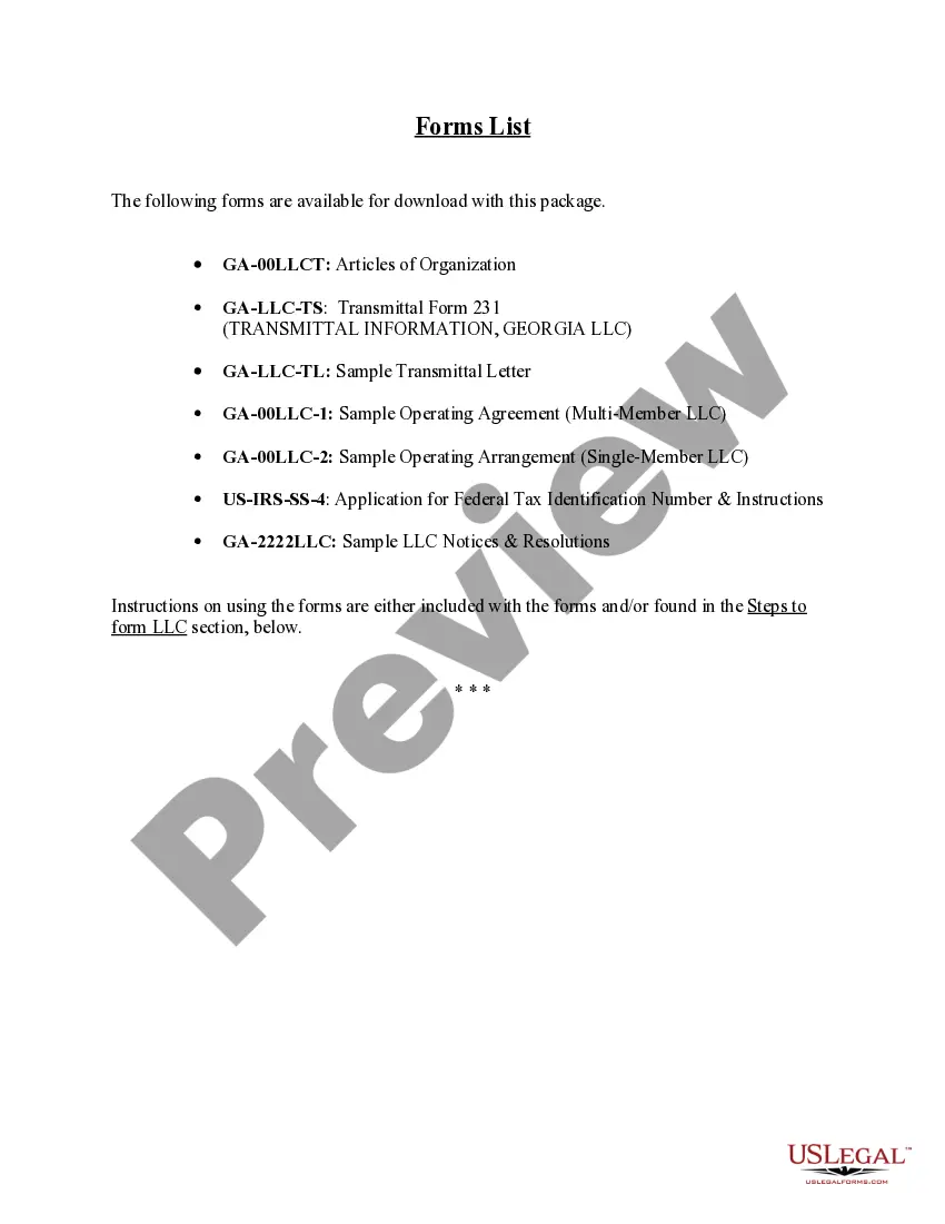 Preview Georgia Limited Liability Company LLC Formation Package