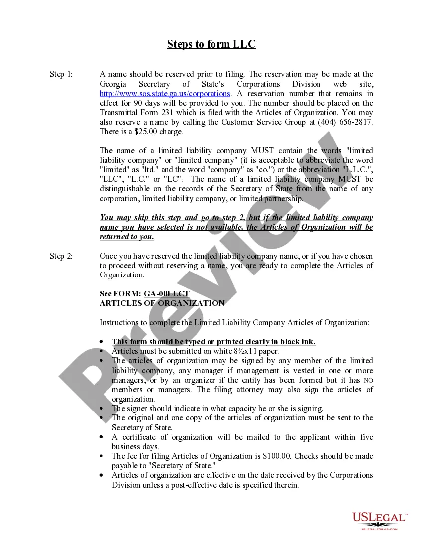 Preview Georgia Limited Liability Company LLC Formation Package