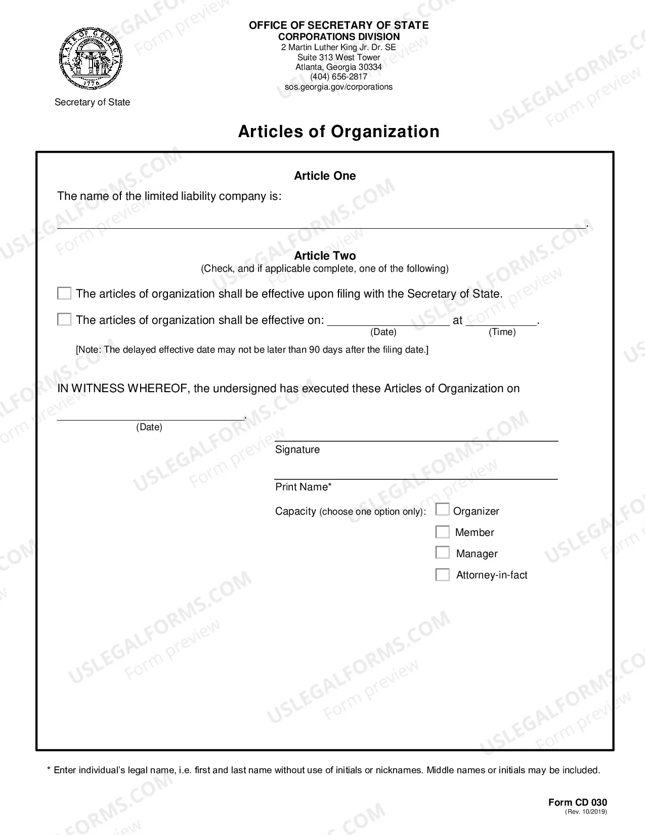 Preview Georgia Certificate of Formation for Domestic Limited Liability Company LLC