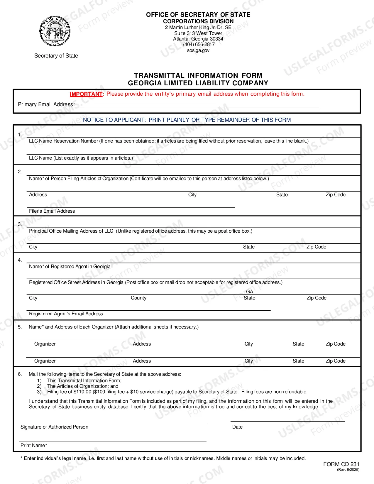 Preview Georgia Certificate of Formation for Domestic Limited Liability Company LLC