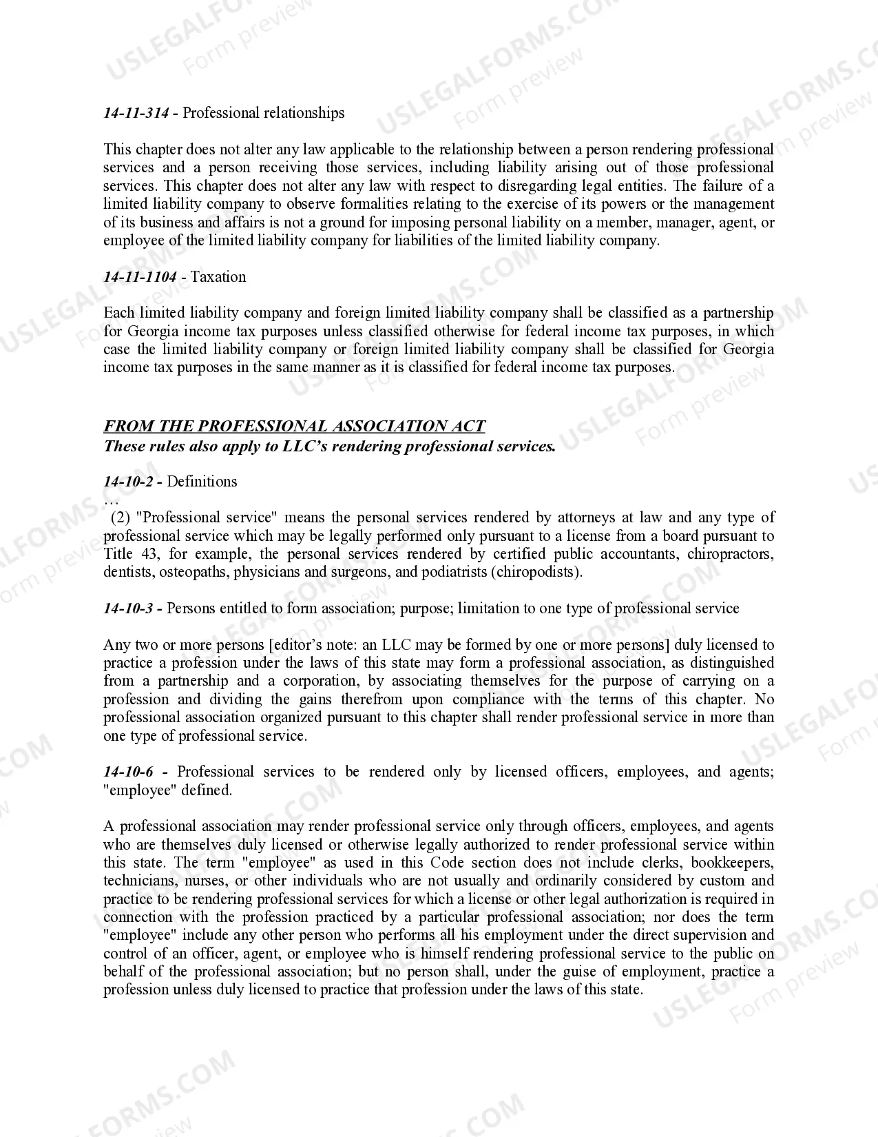 Preview Georgia Professional Limited Liability Company PLLC Formation Package