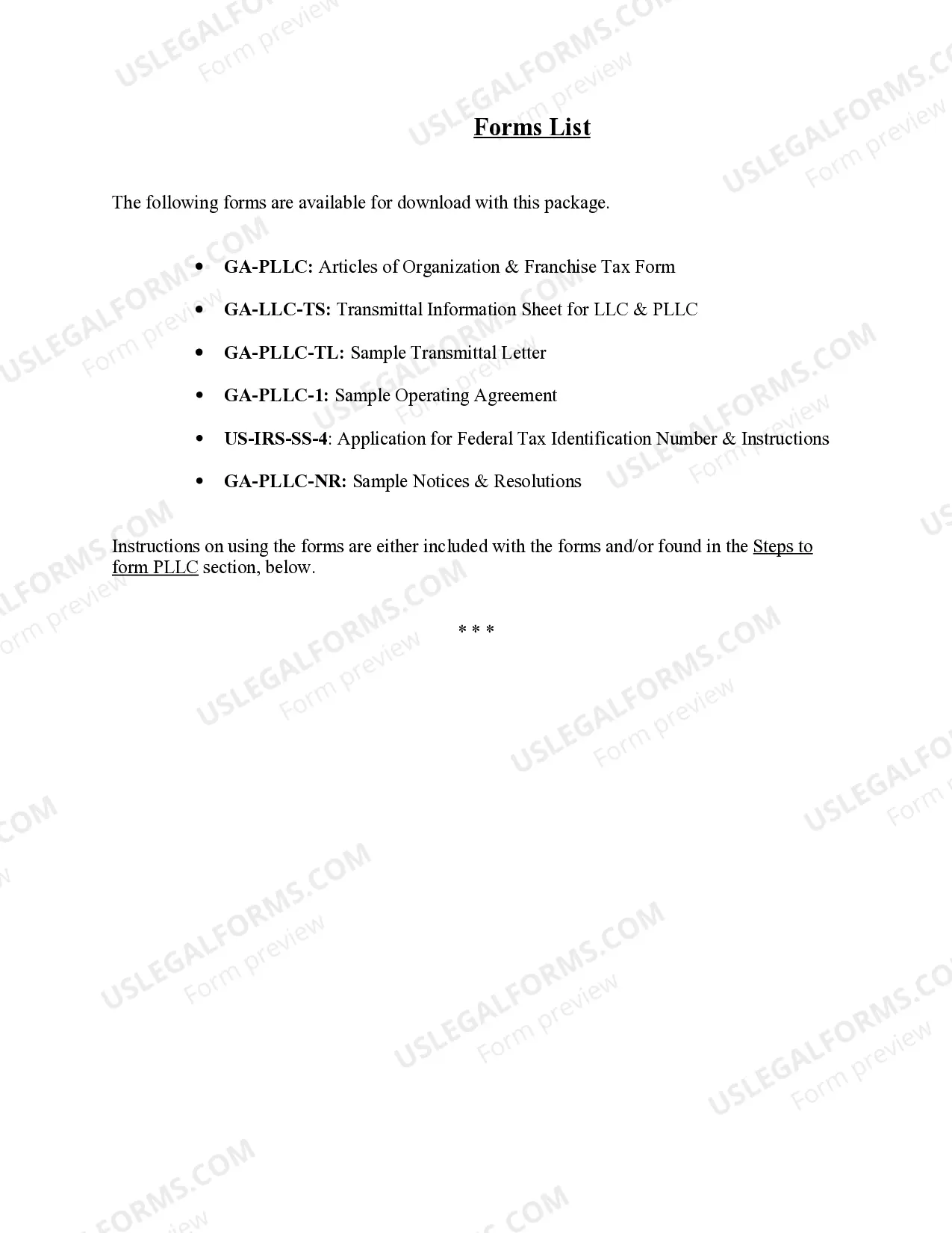 Preview Georgia Professional Limited Liability Company PLLC Formation Package