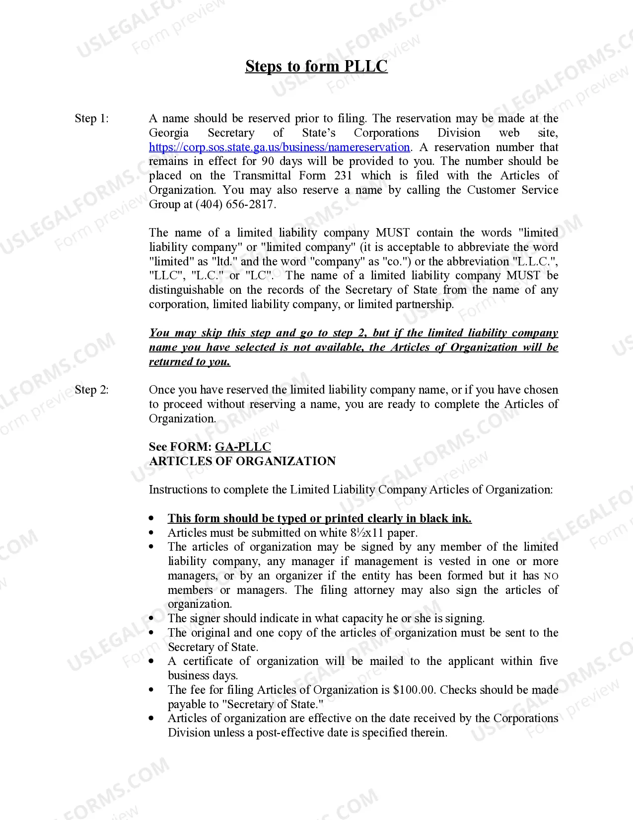 Preview Georgia Professional Limited Liability Company PLLC Formation Package