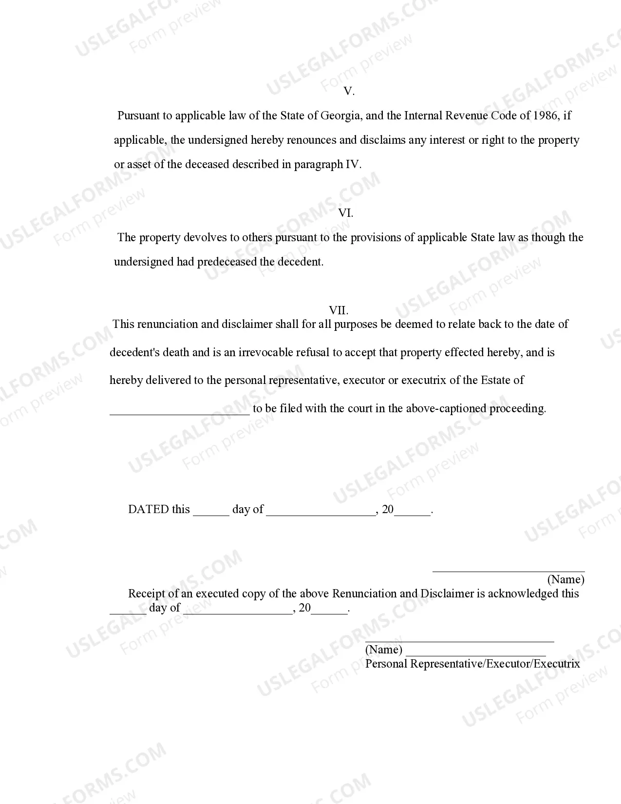 Preview Georgia Renunciation And Disclaimer of Property from Will by Testate