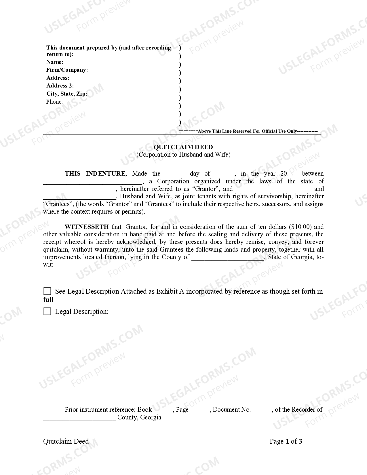 Fulton Quitclaim Deed from Corporation to Husband and Wife