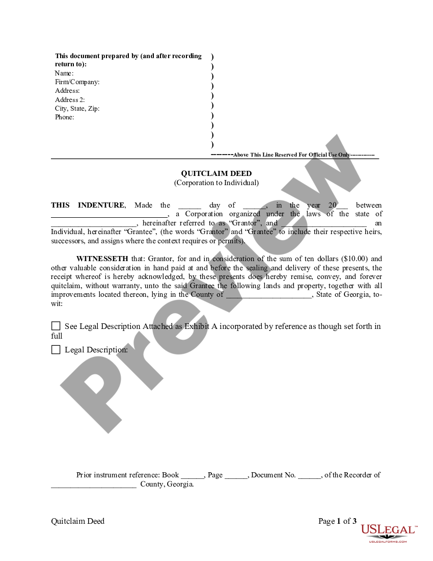 Georgia Quitclaim Deed From Corporation To Individual Quit Claim Deed