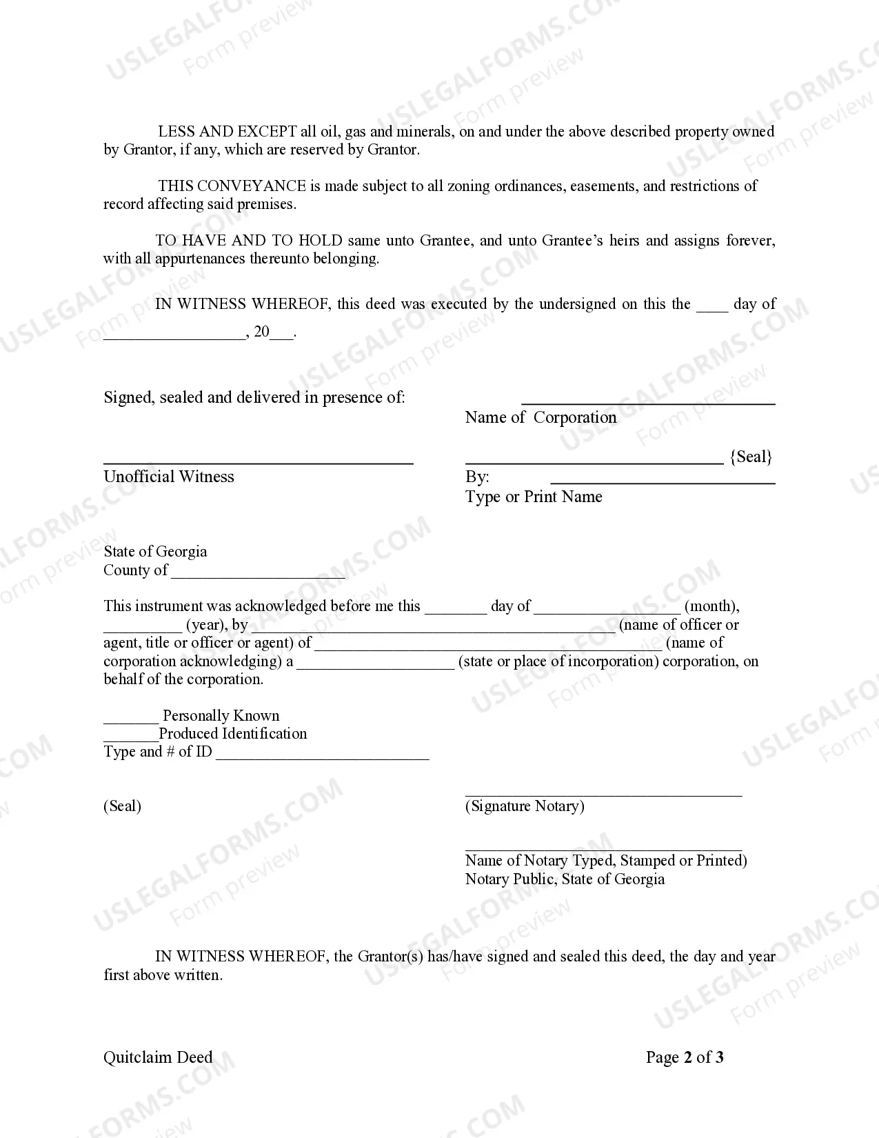 Preview Quitclaim Deed from Corporation to Corporation