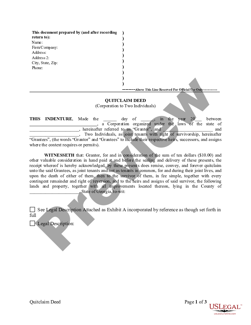 Georgia Quitclaim Deed from Corporation to Two Individuals | US Legal Forms