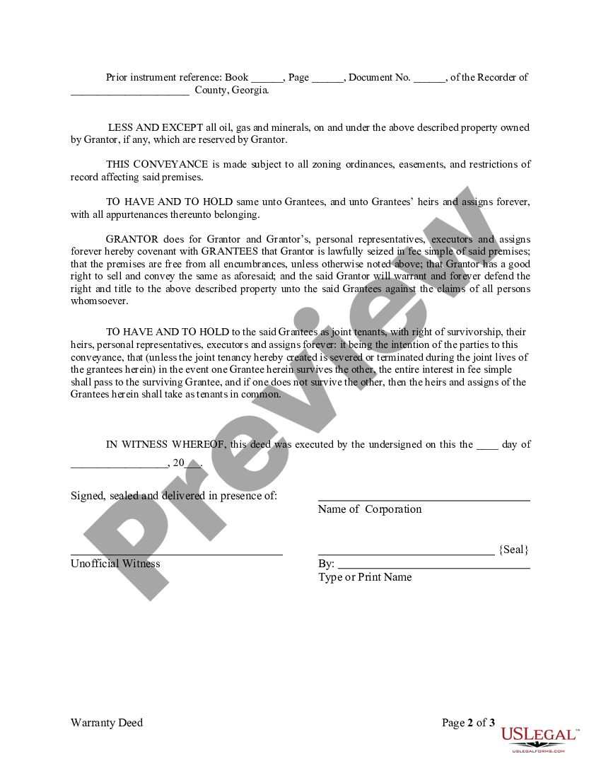 Georgia Warranty Deed from Corporation to Two Individuals | US Legal Forms