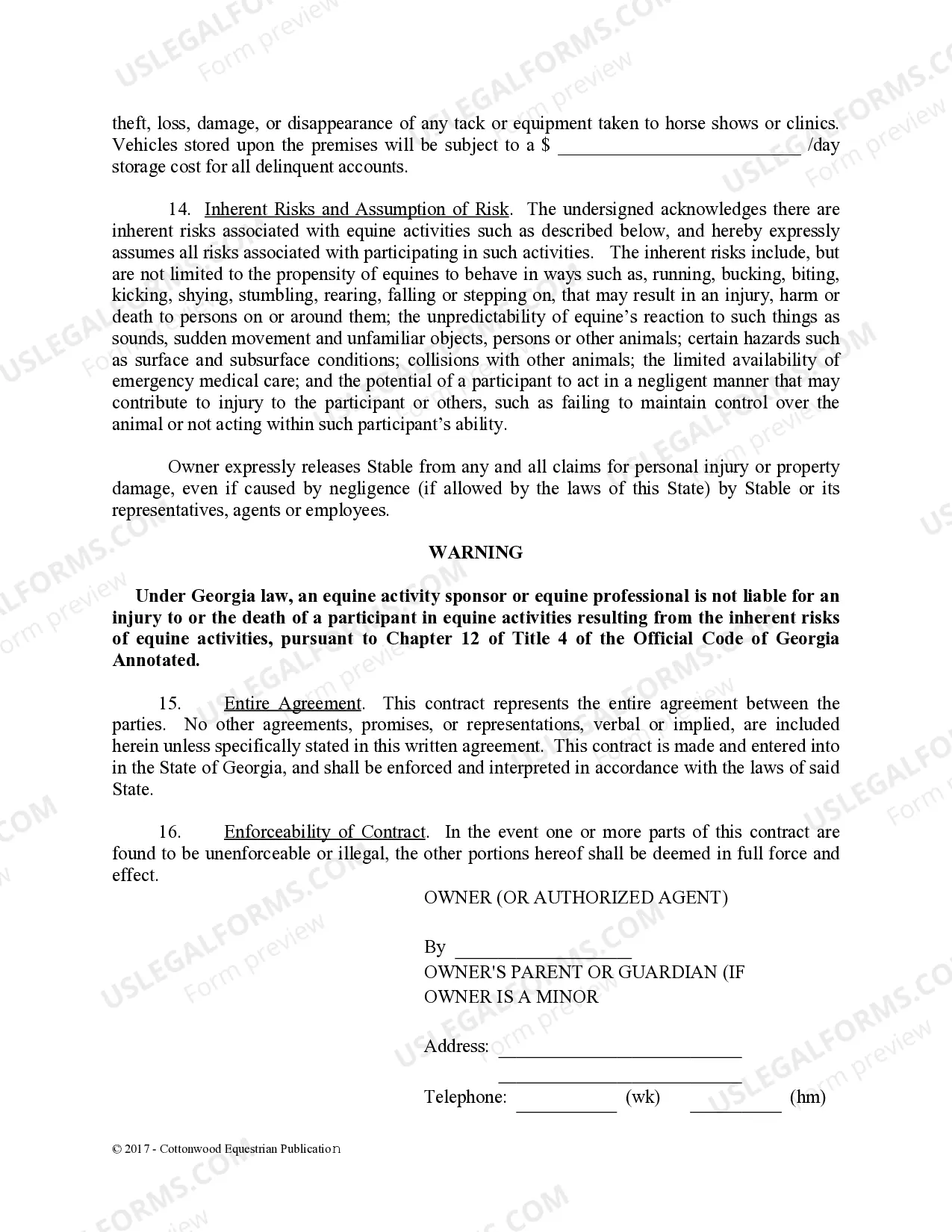 Preview Boarding Stable Agreement - Horse Equine Forms