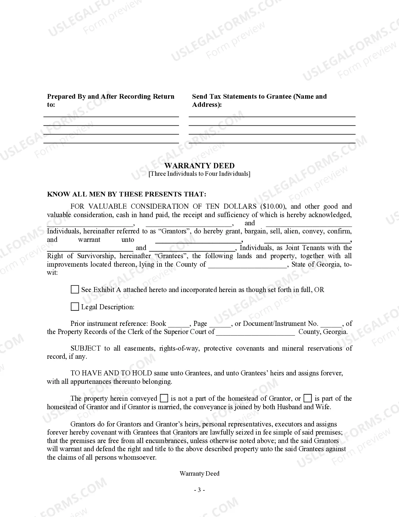 Preview Warranty Deed - Three Individuals to Four Individuals as Joint Tenants with Right of Survivorship