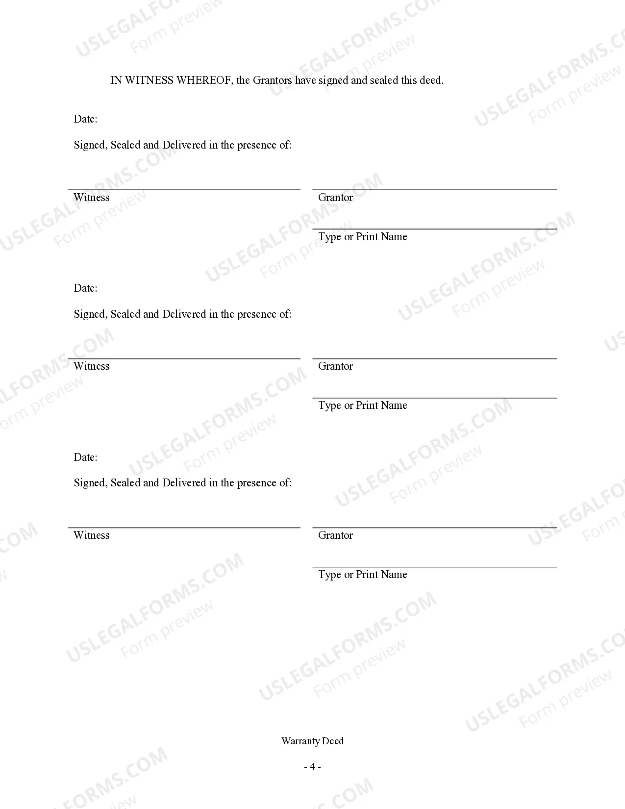 Preview Warranty Deed - Three Individuals to Four Individuals as Joint Tenants with Right of Survivorship