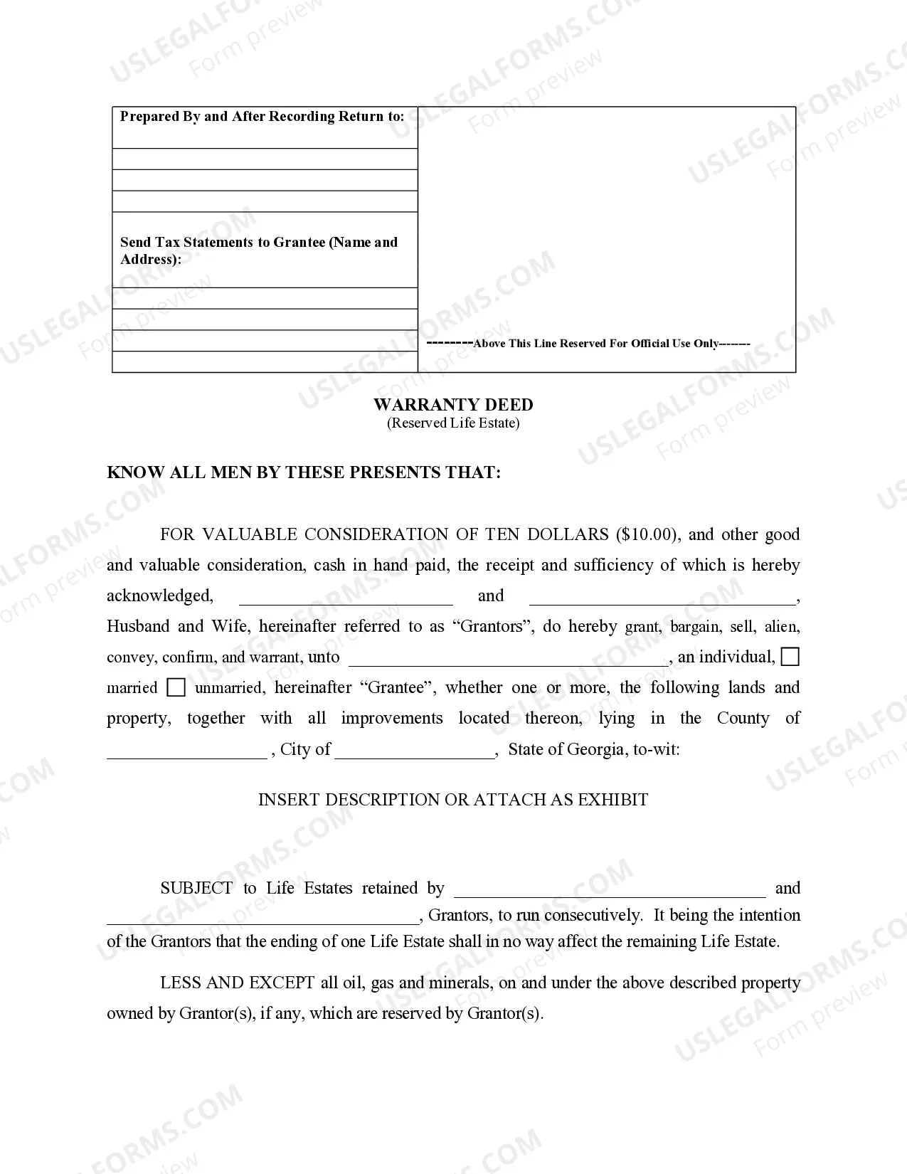 Preview Warranty Deed to Child Reserving a Life Estate in the Parents