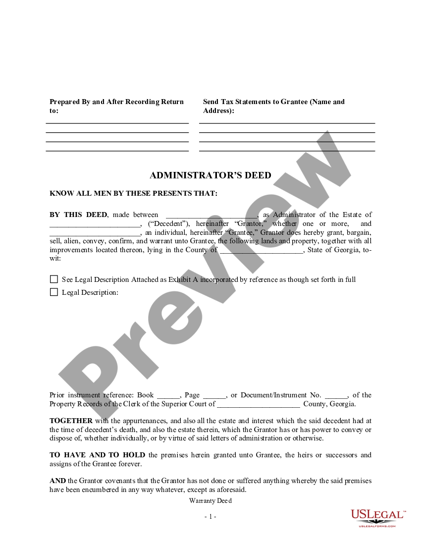 Georgia Administrator's Deed - Georgia Deed | US Legal Forms