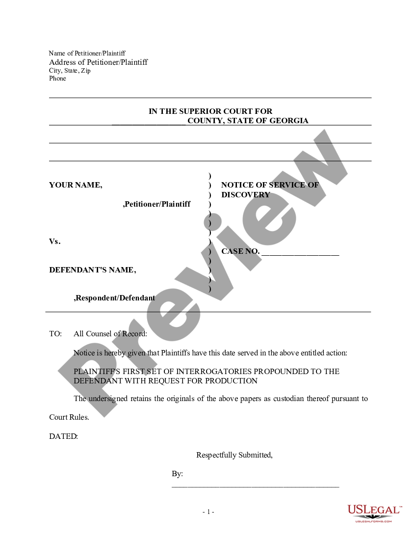 Georgia Discovery Interrogatories from Plaintiff to Defendant with ...