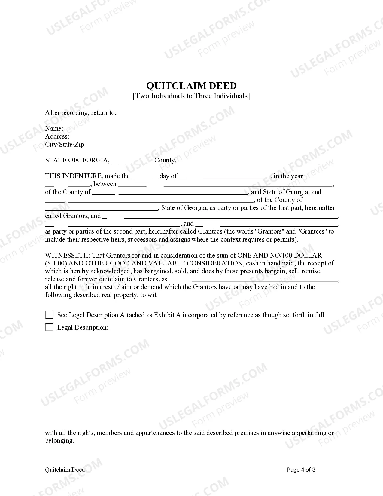 Preview Quitclaim Deed - Two Individuals to Three Individuals