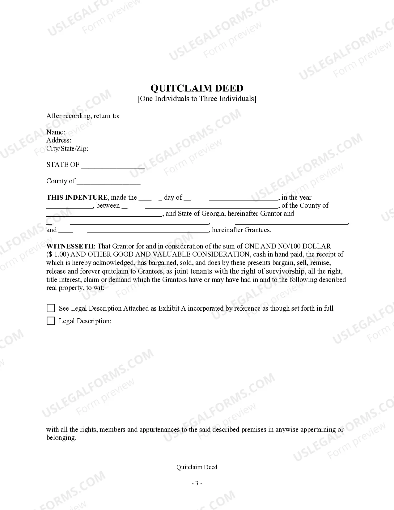 Preview Quitclaim Deed - One Individual to Three Individuals