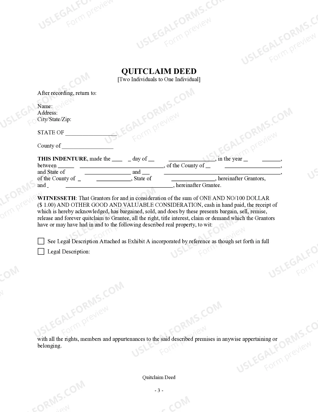 Preview Quitclaim Deed from Two Individuals to One Individual