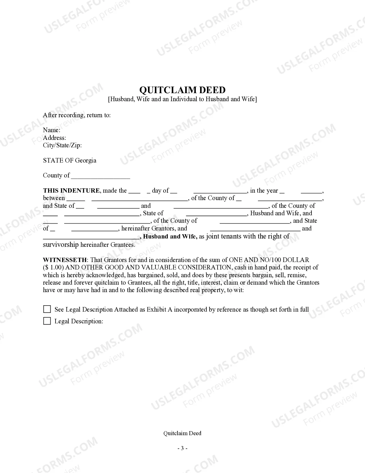 Preview Quitclaim Deed from Husband, Wife and an Individual as Grantors to Husband and Wife Grantees.