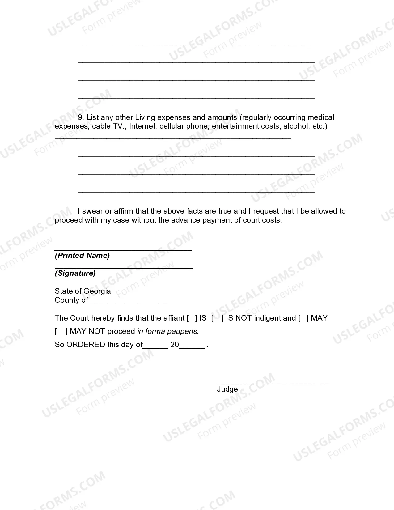 Preview Georgia Affidavit and Request for Waiver of Advanced Payment of Court Costs