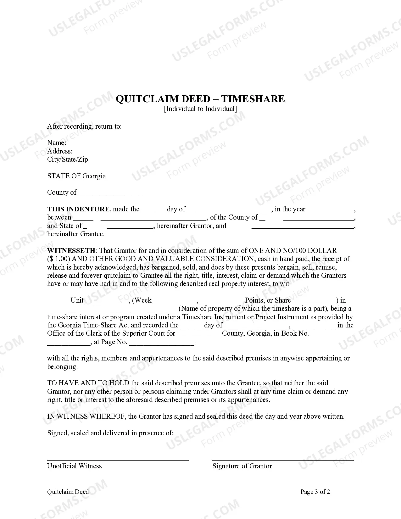 Preview Quitclaim - Time-Share from an Individual to an Individual