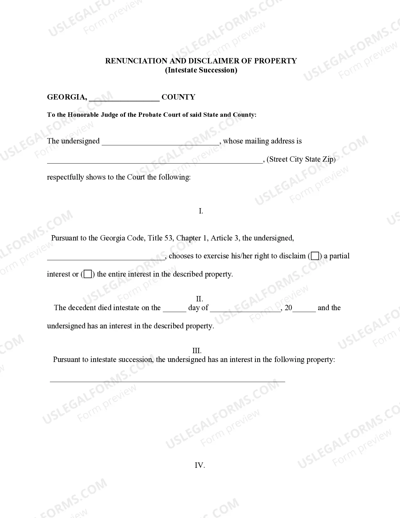 Preview Georgia Renunciation And Disclaimer of Property received by Intestate Succession