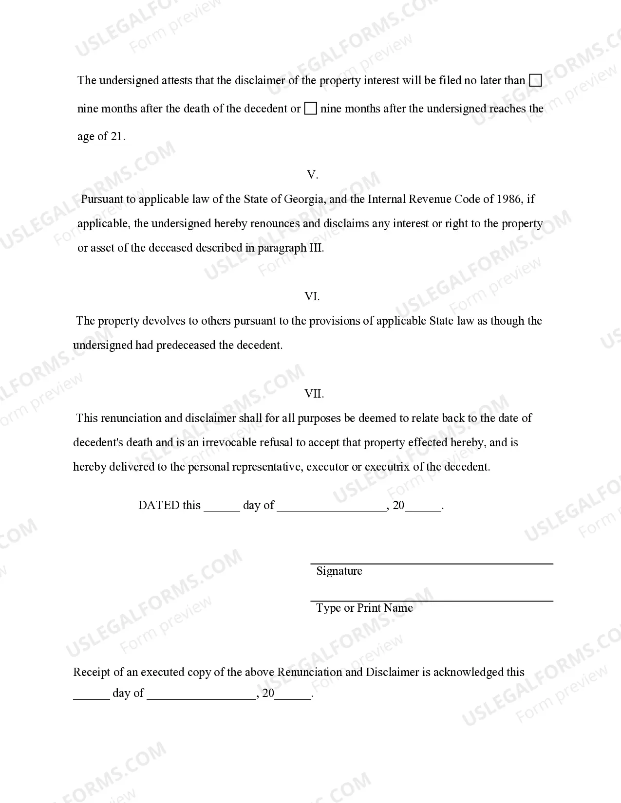 Preview Georgia Renunciation And Disclaimer of Property received by Intestate Succession