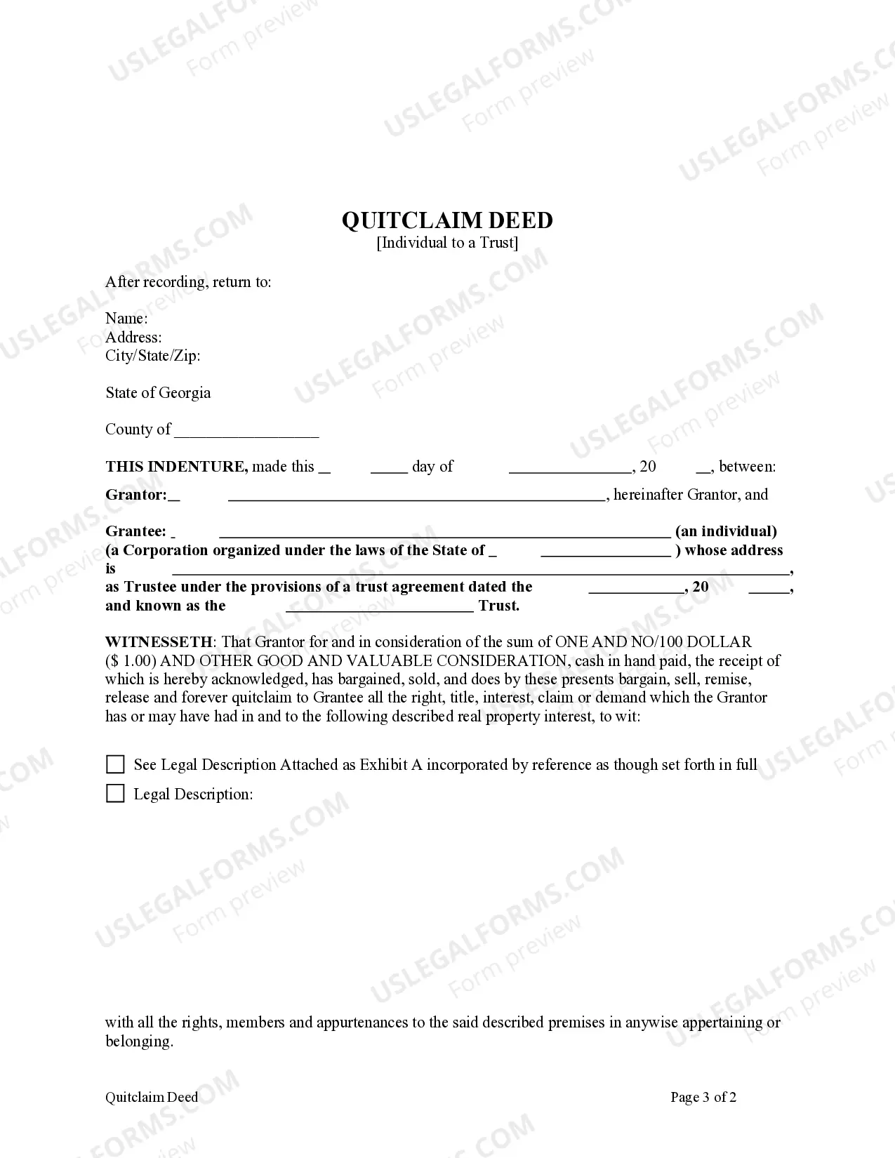 Preview Quitclaim Deed - Individual to a Trust