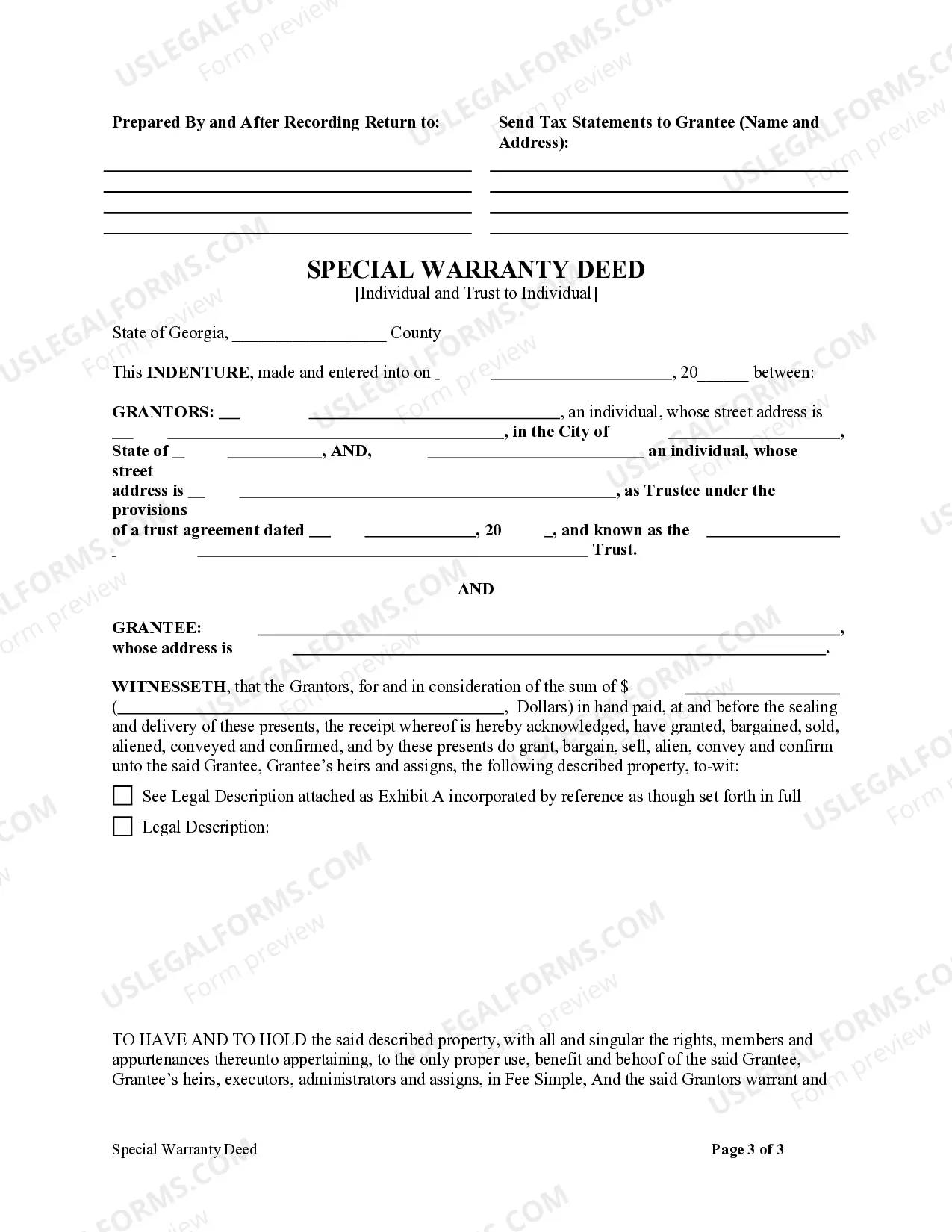 Preview Special Warranty Deed - Individual and Trust to Individual