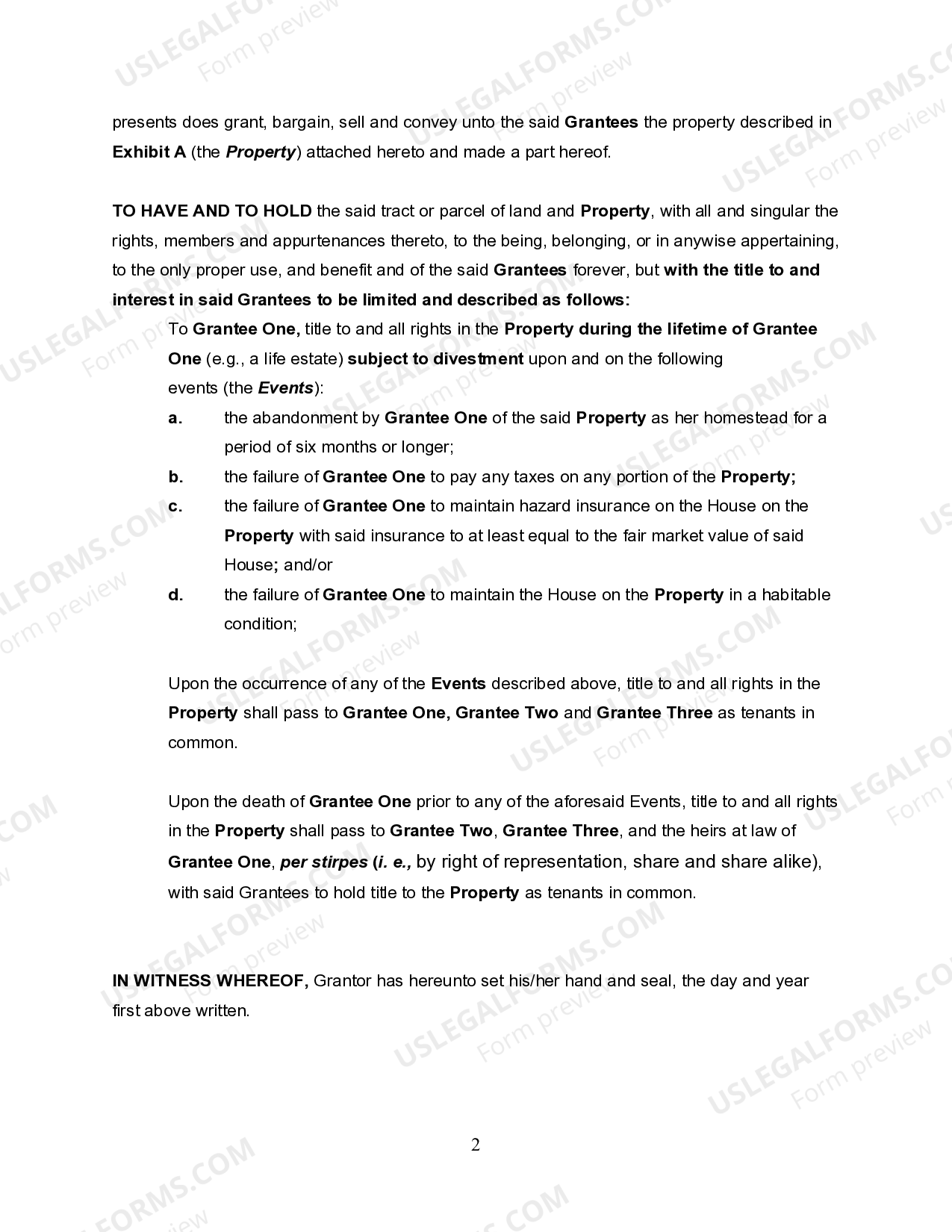 Georgia Executors Deed with Life Estate and Conditions of Divestment ...