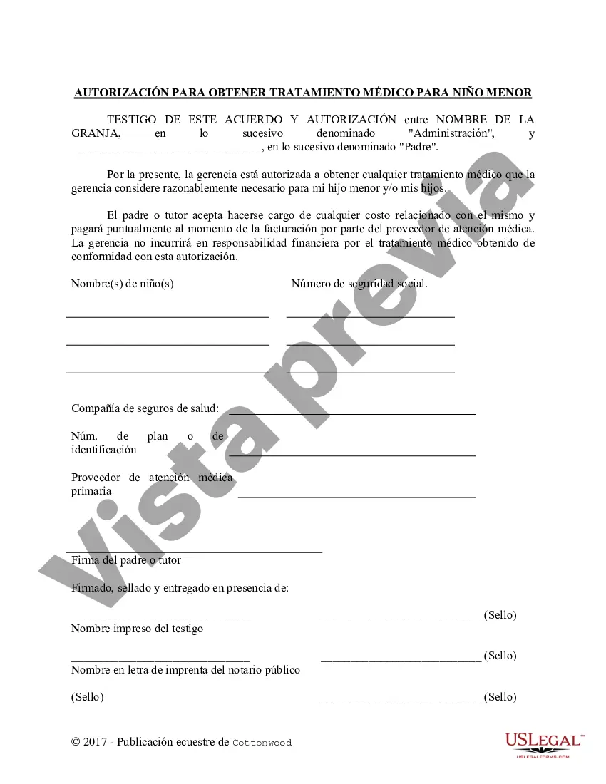 Preview Autorización para obtener tratamiento médico para un niño menor de edad - Formularios equinos de caballos