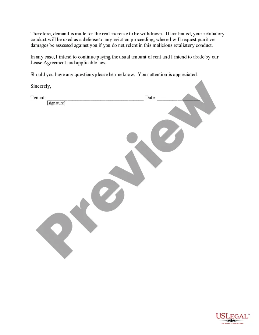 Preview Letter from Tenant to Landlord containing Notice to landlord to withdraw retaliatory rent increase