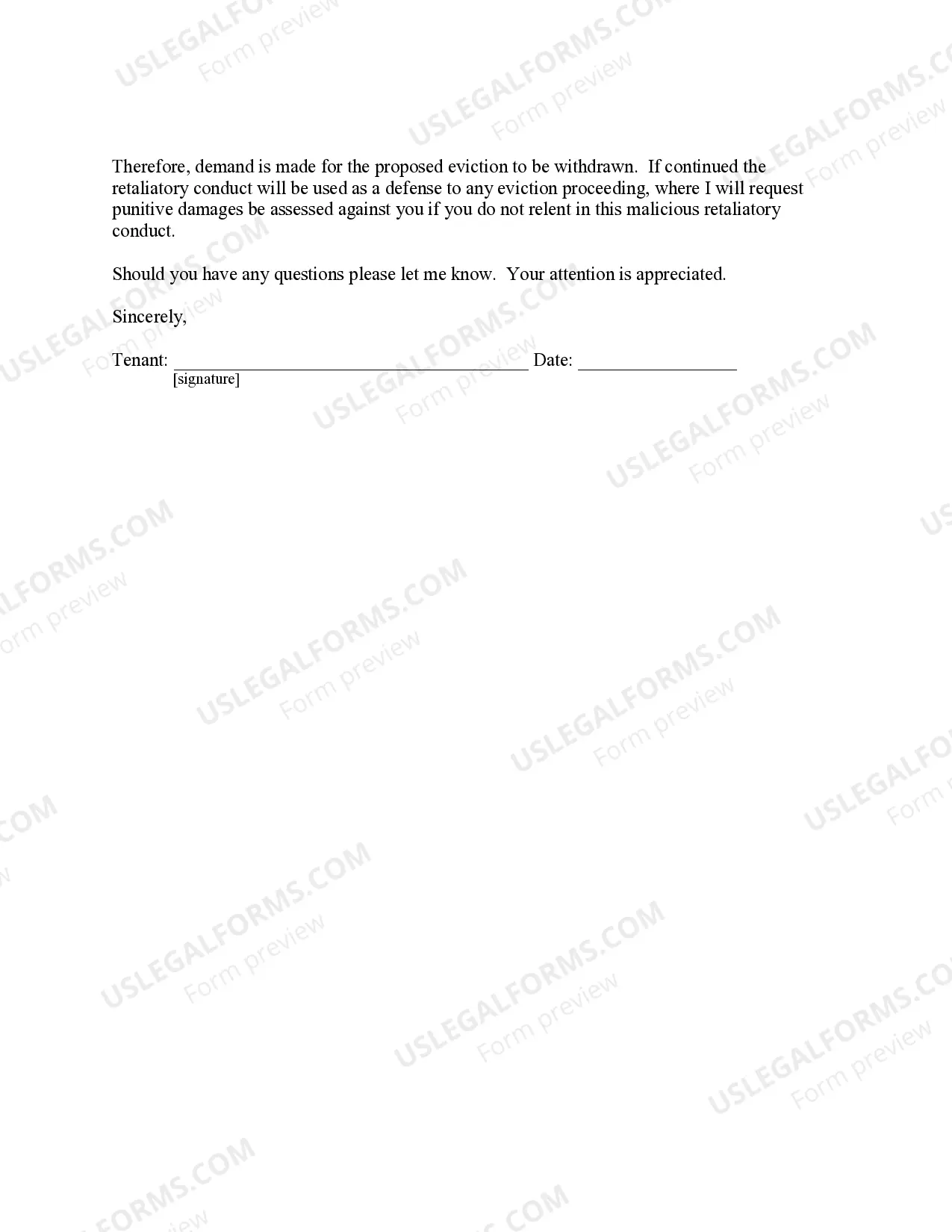 Preview Letter from Tenant to Landlord containing Notice to landlord to cease retaliatory threats to evict or retaliatory eviction