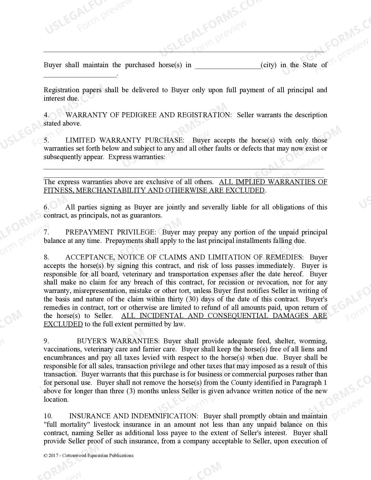 Preview Installment Purchase and Security Agreement With Limited Warranties - Horse Equine Forms