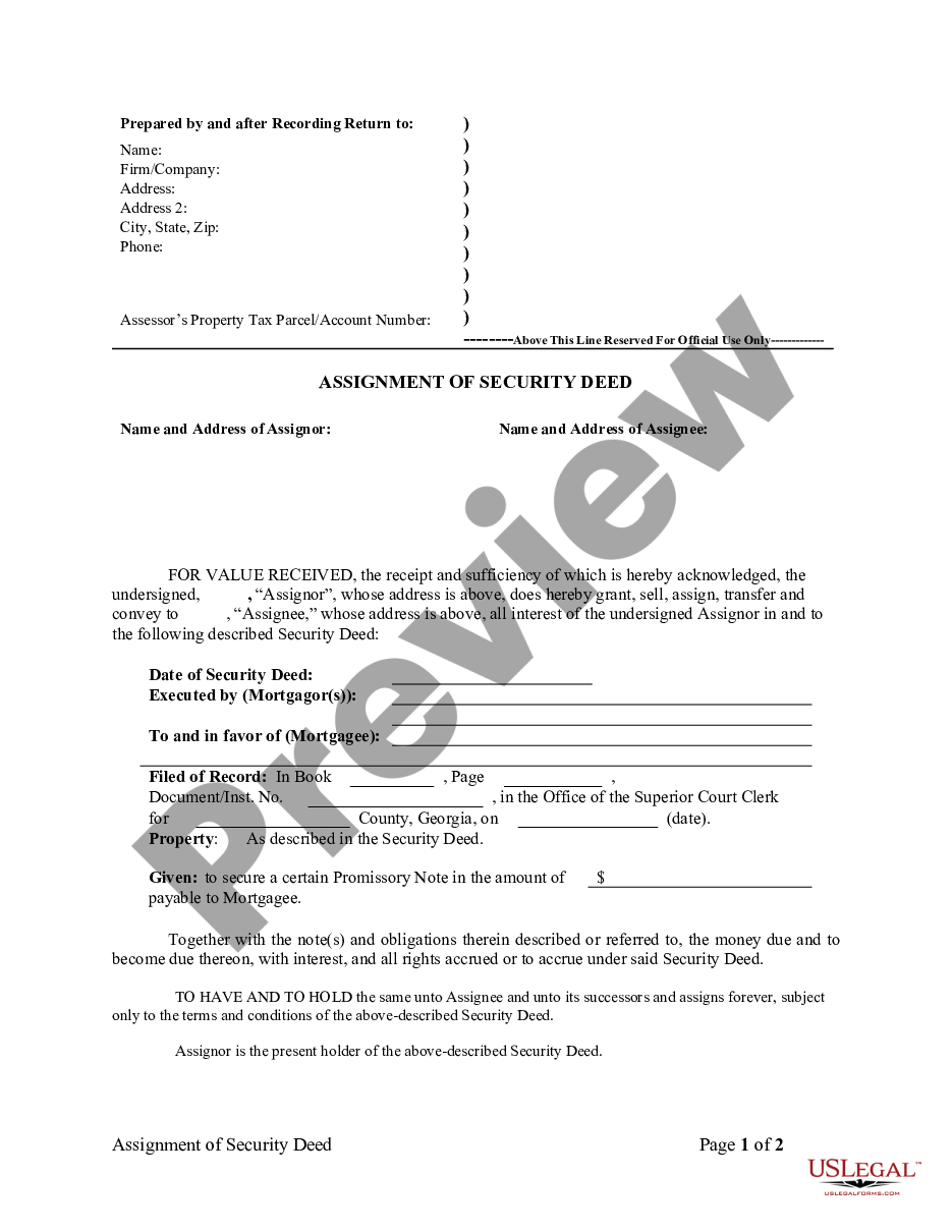 page 0 Assignment of Security Deed from Individual Mortgage - Holder preview