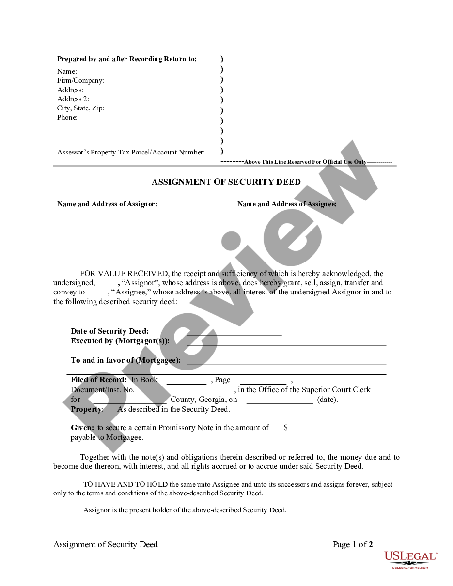 page 0 Assignment of Security Deed - Corporate Mortgage - Holder preview
