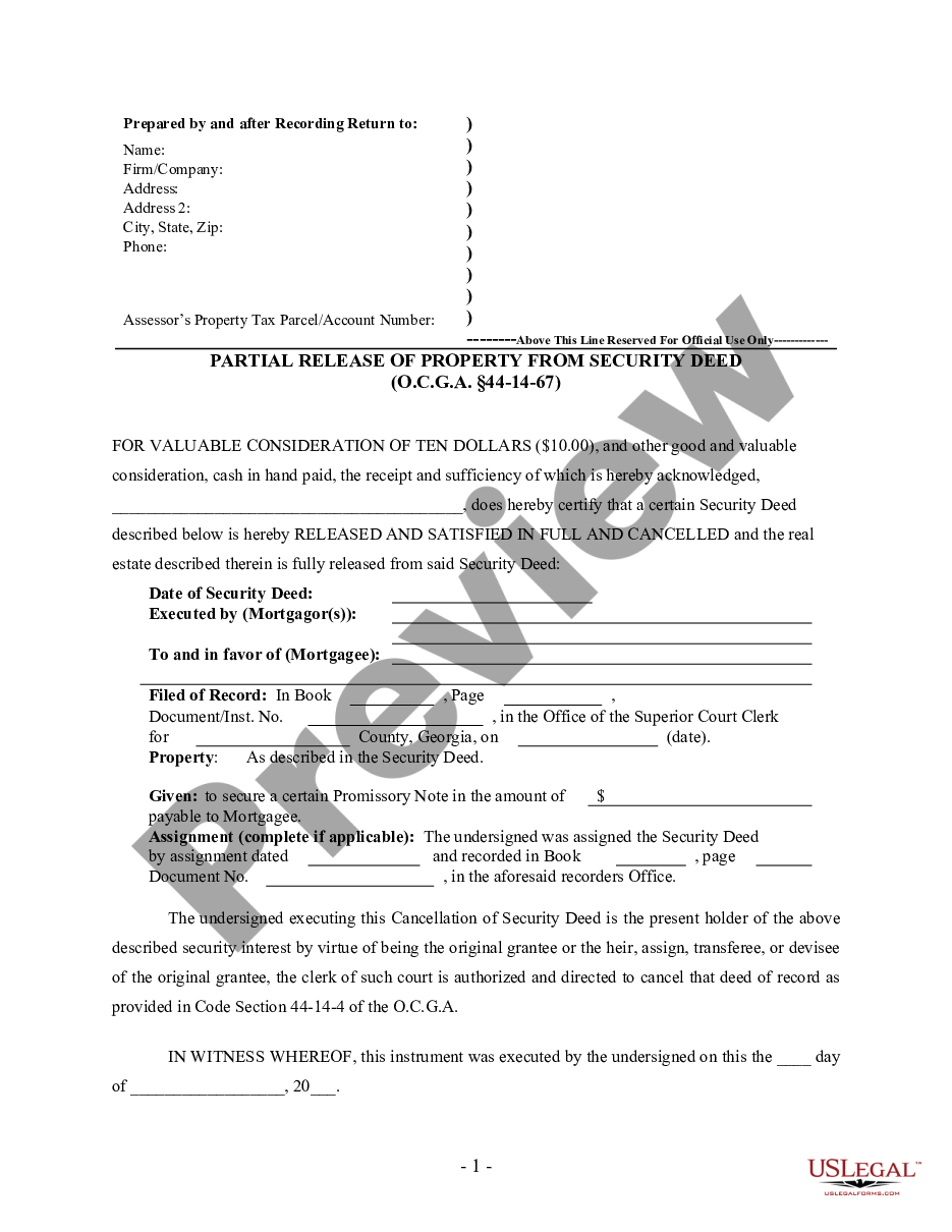 page 0 Partial Release of Property From Security Deed - Mortgage - Individual preview